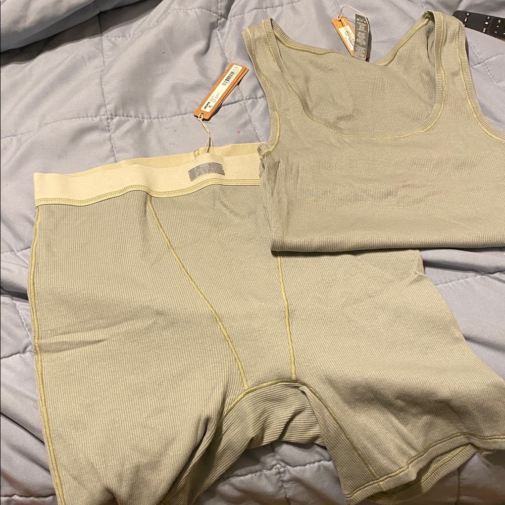 SKIMS Ribbed Tank and Shorts Set in Light Olive